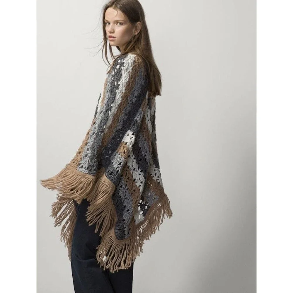 Massimo Dutti Crochet Striped Poncho Alpaca Wool Blend - Picture 2 of 5